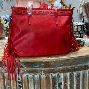 Red Leather Tote Bag with Fringe Detail